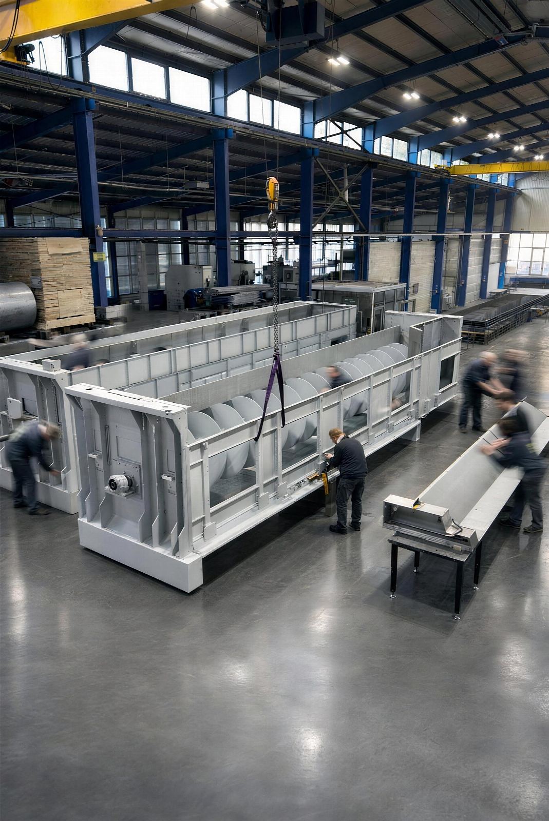 Grossprojekt Foerdertechnik: Montage einer grossen Trogschnecken-Anlage in der Lungmetall-Fertigung Kottenheim